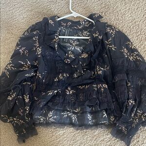 Anthropologie Floral Ruffle Black Blouse